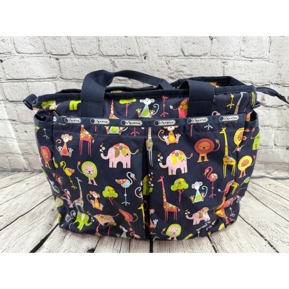 Le Sportsac‎ Ryan Baby Bag Navy Zoo Animals Large *MISSING SHOULDER STRAP*